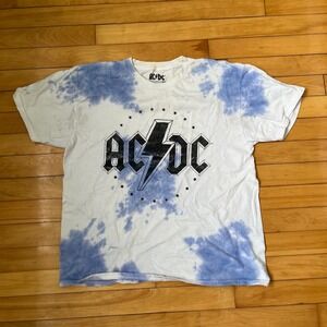 ACDC Band Graphic T-Shirt Blue White Tie Dye Star Logo Mens Large 100% Cotton